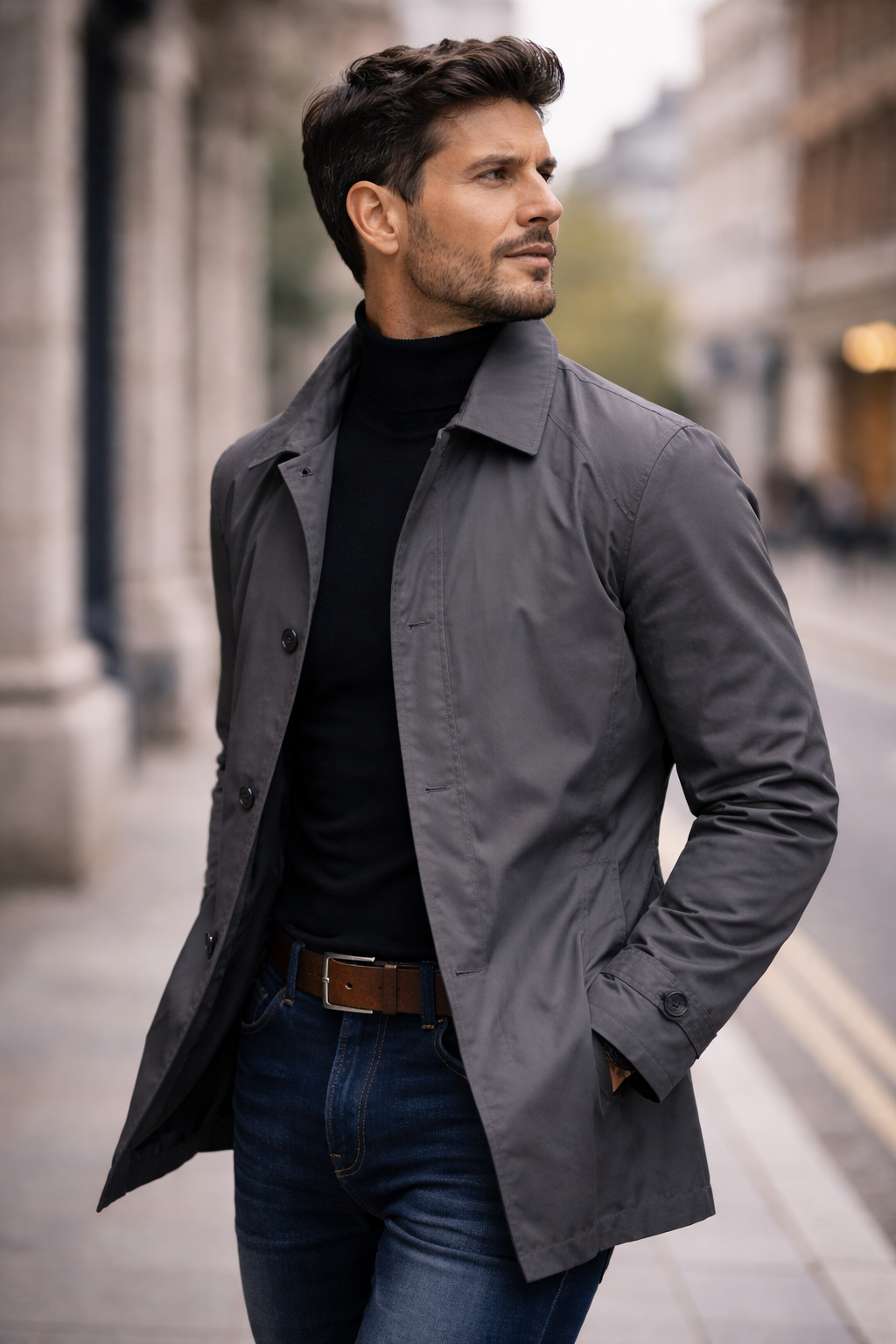 Men's weather-resistant overcoat in dark gray, notched lapel collar, button front, open hem.