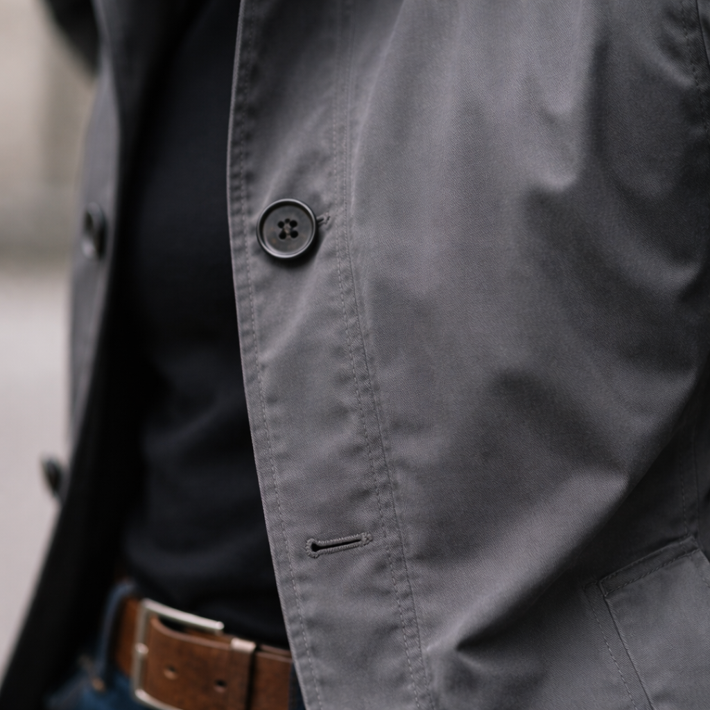 Men's overcoat in dark gray with metal button, stitched placket, and sleeve detail.