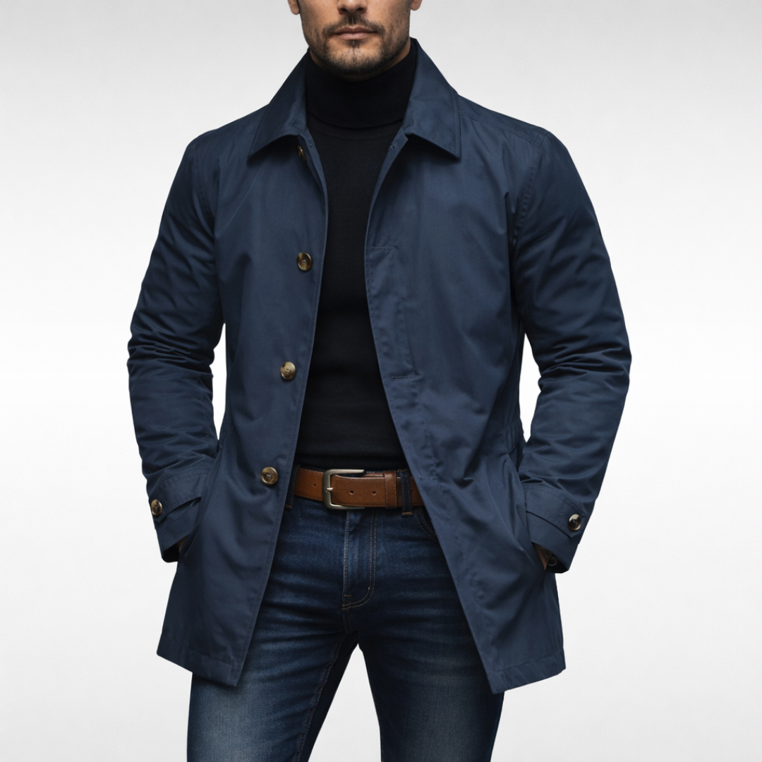 Men's weather-resistant overcoat in navy blue, button front, notched collar, flap cuffs.