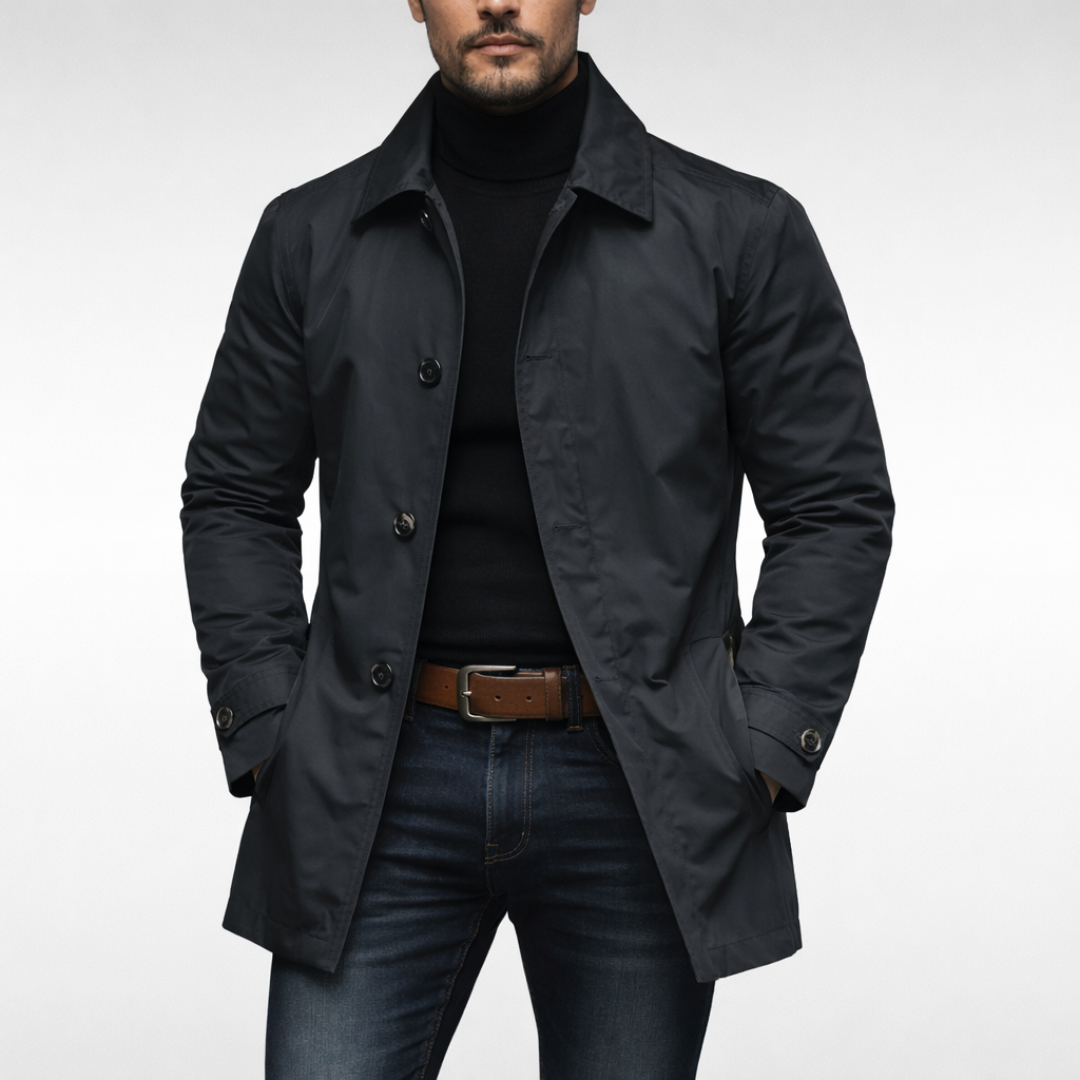 Men's weather-resistant overcoat in black, button front, notched collar, flap pockets.
