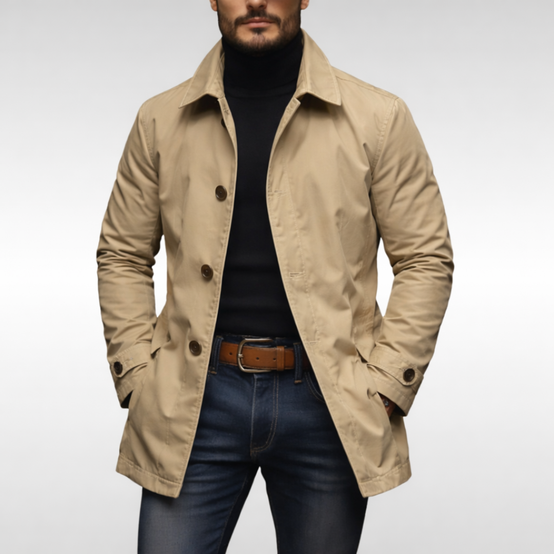 Men's weather-resistant overcoat in beige, button front, notched collar, flap cuffs.