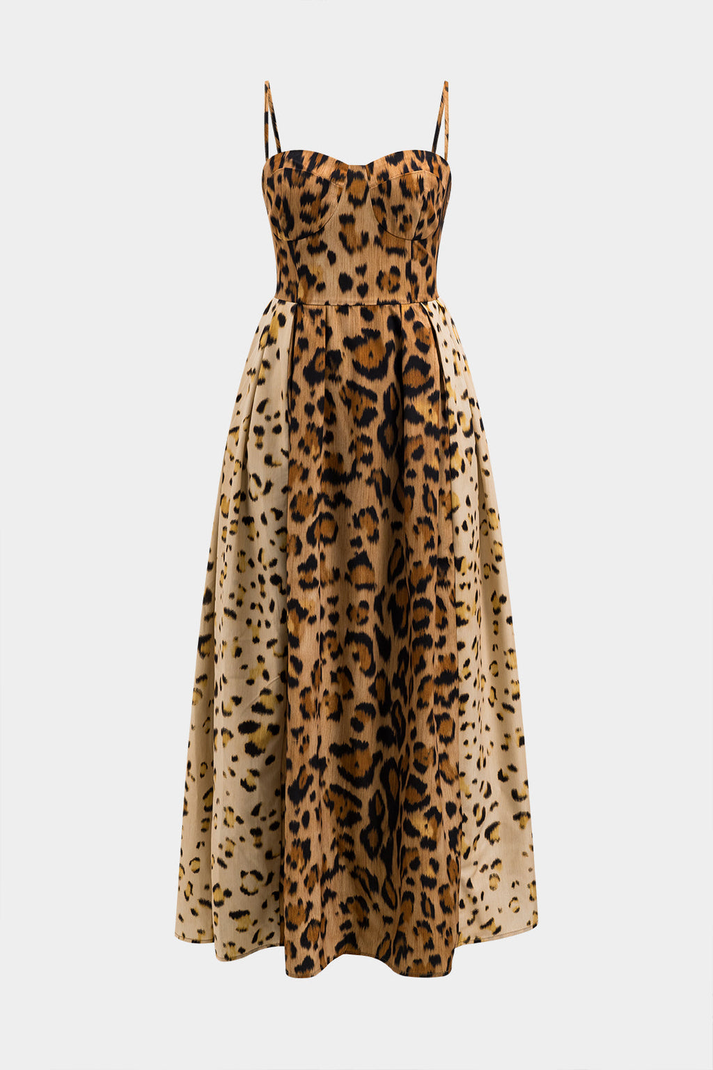 Leopard print midi dress with spaghetti straps and flared skirt, fitted bodice