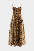 Leopard print midi dress with spaghetti straps and flared skirt, fitted bodice