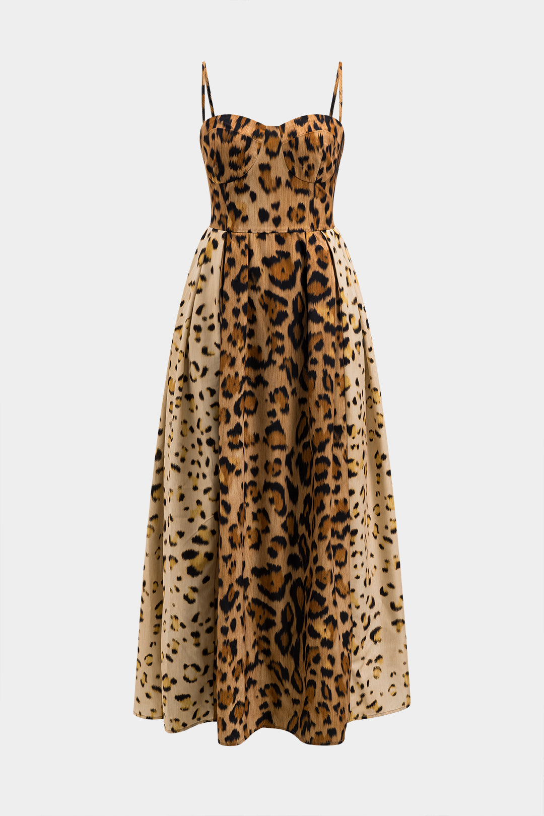 Leopard print midi dress with spaghetti straps and flared skirt, fitted bodice