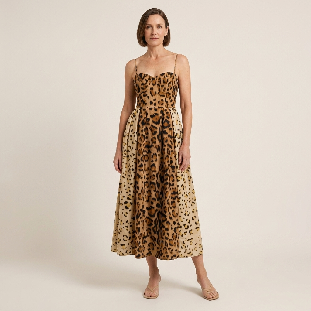Leopard print corset bodice midi dress with square neckline and flared skirt