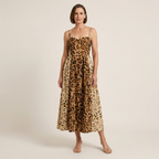 Leopard print corset bodice midi dress with square neckline and flared skirt