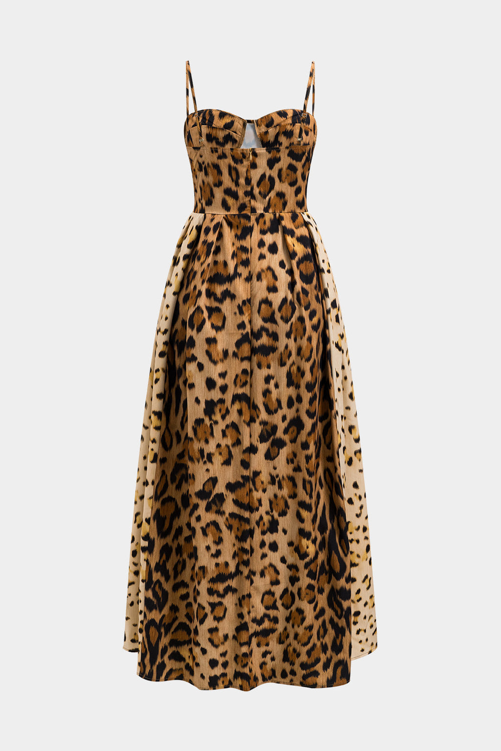Leopard print midi dress with thin straps and gathered waist, full skirt