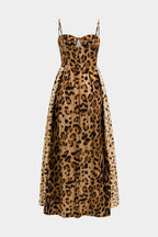 Leopard print midi dress with thin straps and gathered waist, full skirt