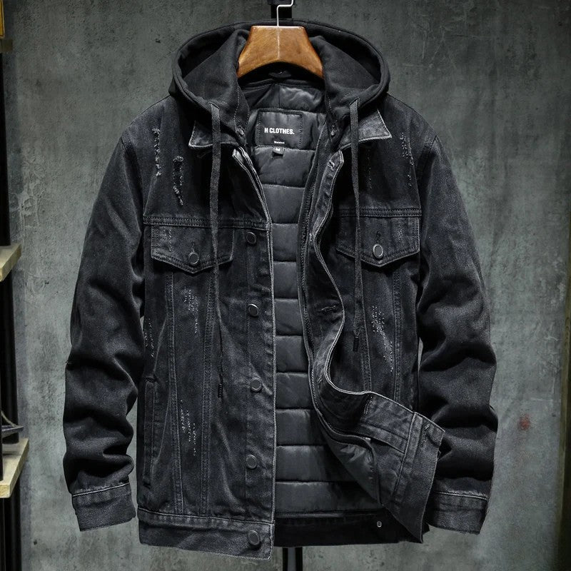 Denim jacket in dark black with hood, snap front, and two chest flap pockets