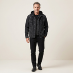 Men's insulated black denim jacket with detachable hood and front chest pockets