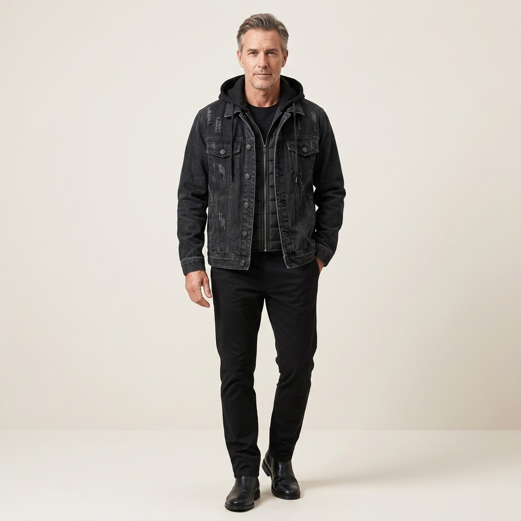 Men's insulated black denim jacket with detachable hood and front chest pockets