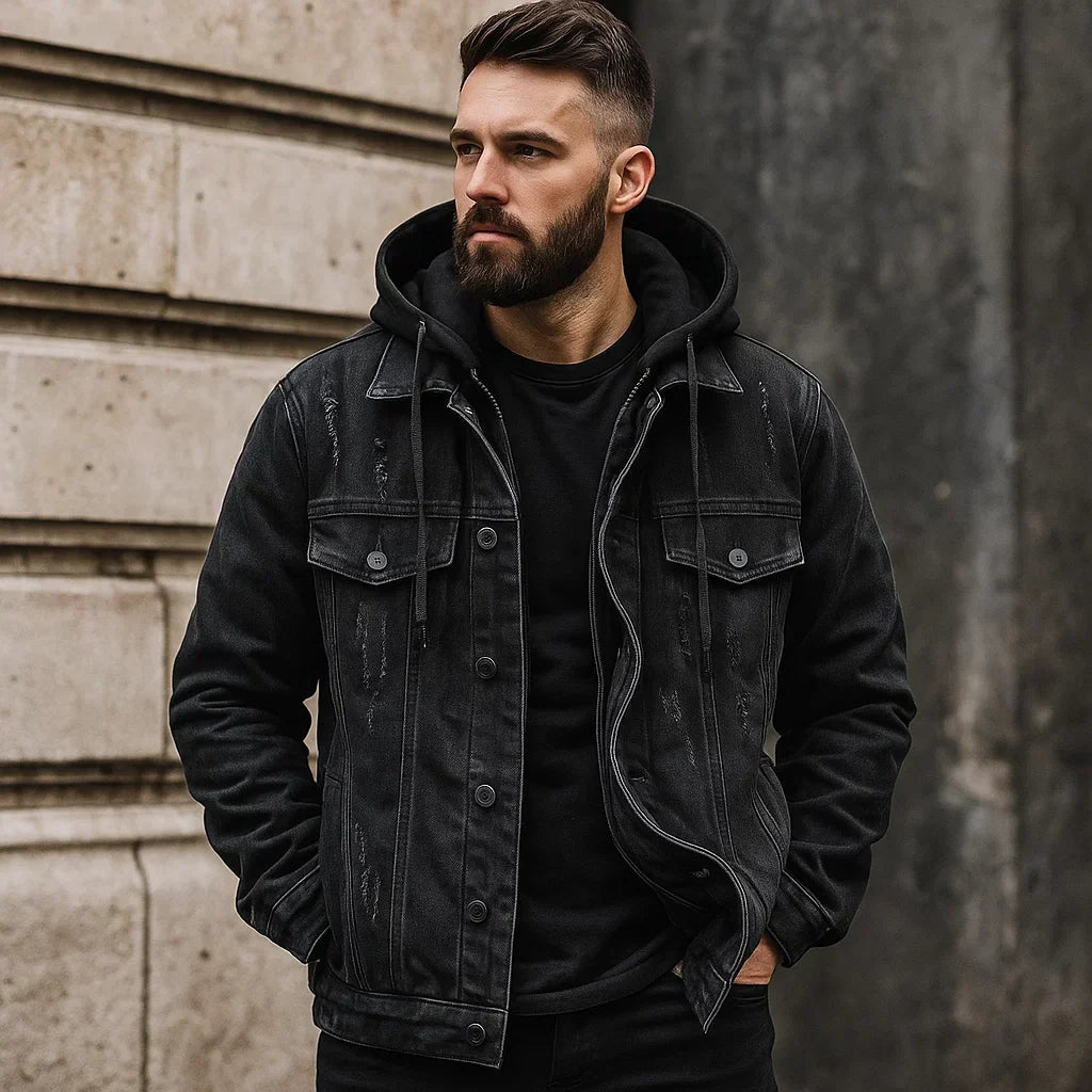 Black denim jacket with hood, snap button front, and two chest flap pockets