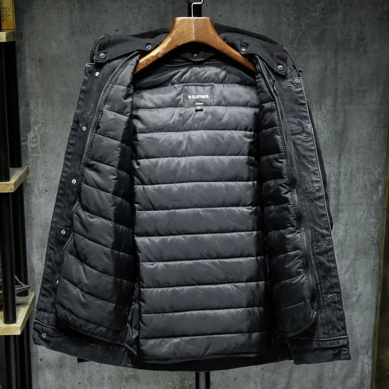 Black denim jacket with hood lining and quilted interior, snap front