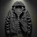 Dark denim jacket with hood, snap front, and two chest flap pockets