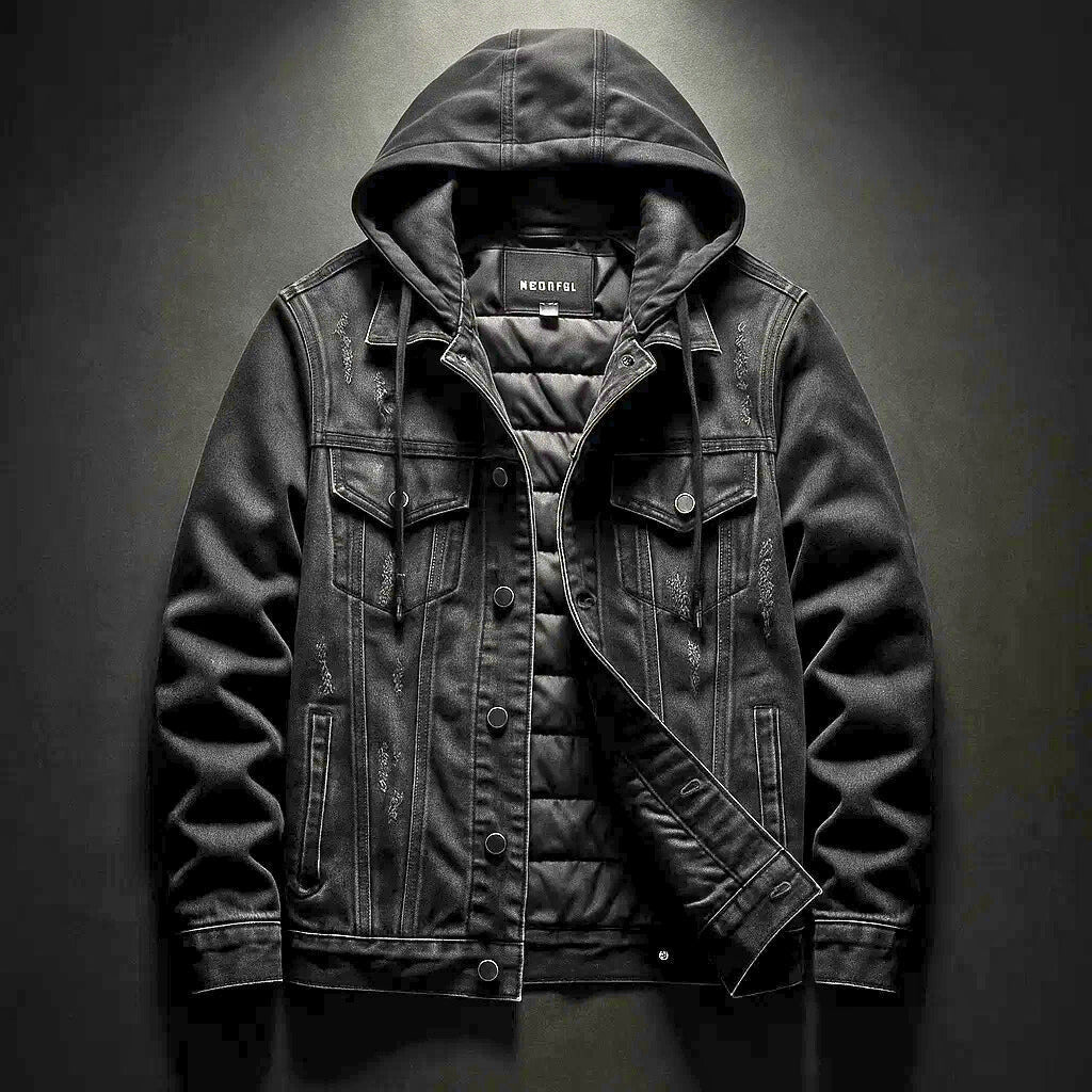 Dark denim jacket with hood, snap front, and two chest flap pockets