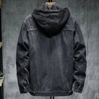 Dark denim jacket back view with attached hood and buttoned side seams