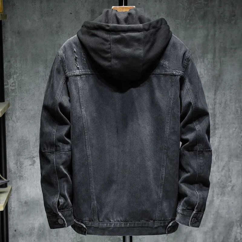 Dark denim jacket back view with attached hood and buttoned side seams