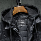 Denim jacket hood interior with brand label and drawstring cords