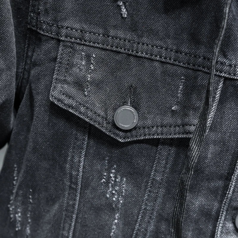 Denim jacket chest pocket with flap and round metal snap button