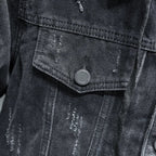 Denim jacket chest pocket with flap and round metal snap button
