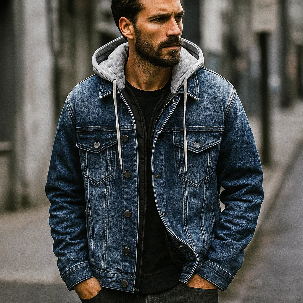 Blue denim jacket with hood, snap button front, and chest flap pockets