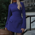 Blue long-sleeve bodycon mini dress with high neck and flap pocket details
