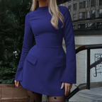 Blue long-sleeve bodycon mini dress with high neck and flap pocket details