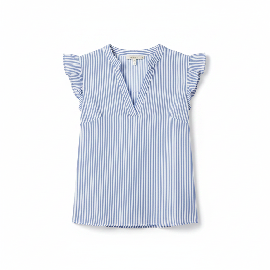 Women's striped ruffled blouse with U-neck, short sleeves, light blue