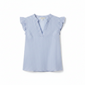 Women's striped ruffled blouse with U-neck, short sleeves, light blue