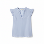 Women's striped ruffled blouse with U-neck, short sleeves, light blue