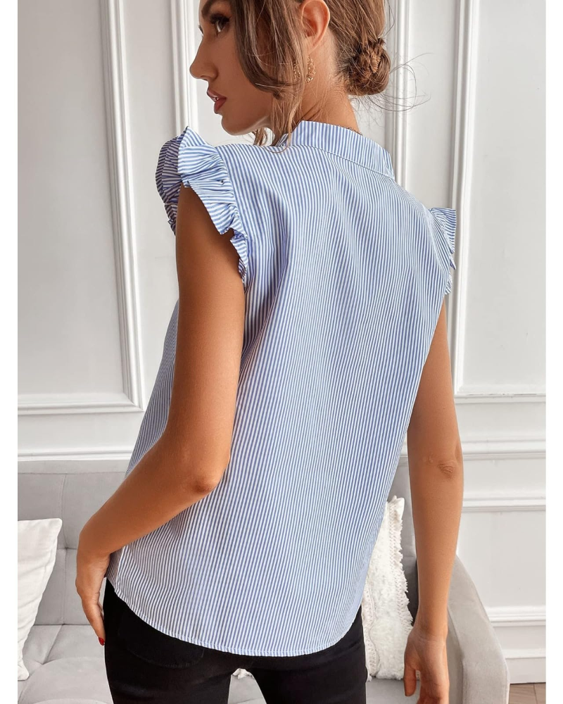 Women's striped ruffled blouse with cap sleeves and open back, light blue