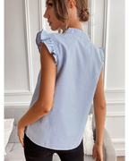 Women's striped ruffled blouse with cap sleeves and open back, light blue