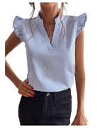 Women's striped ruffled V-neck blouse with short cap sleeves, light blue