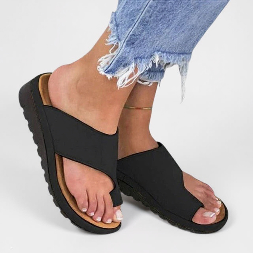 Women's black toe-split orthopedic sandals with adjustable strap and chunky sole