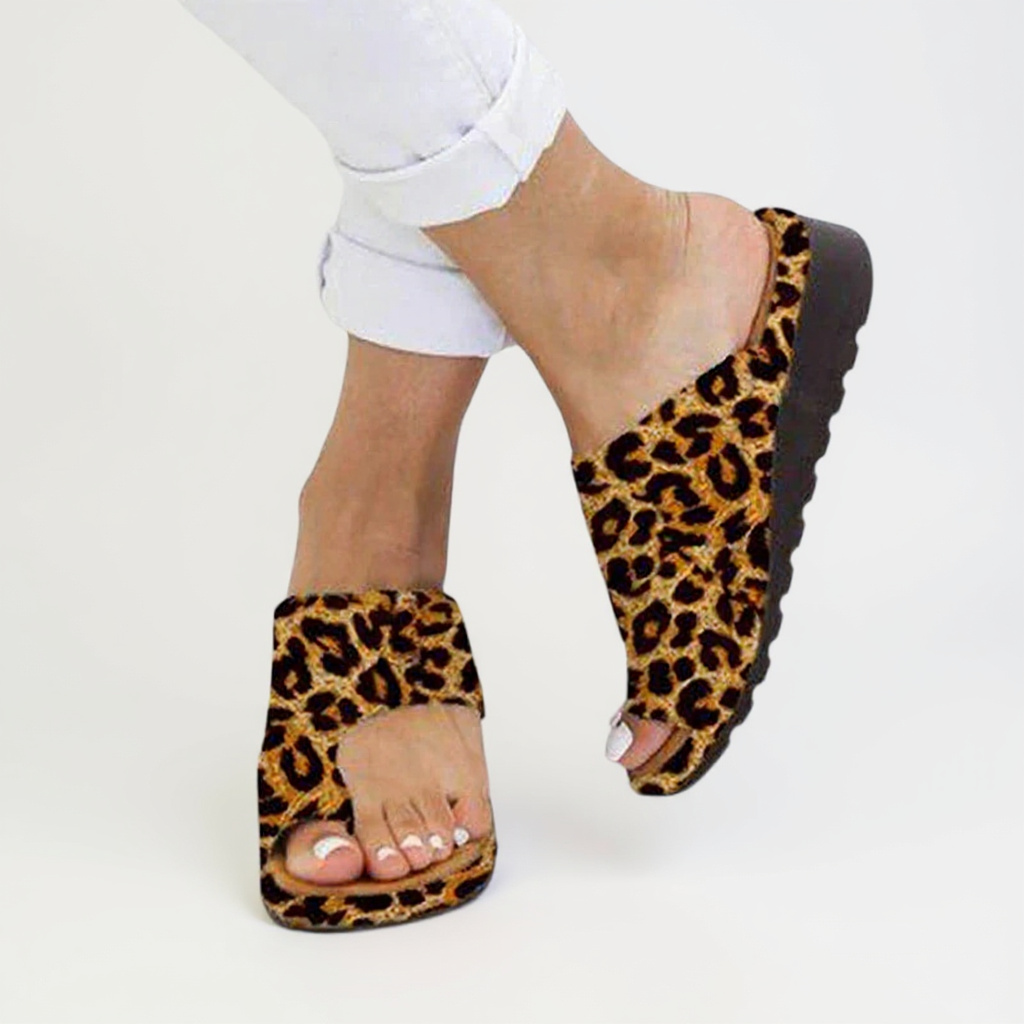 Women's leopard toe-split orthopedic sandals with two-strap upper and thick sole