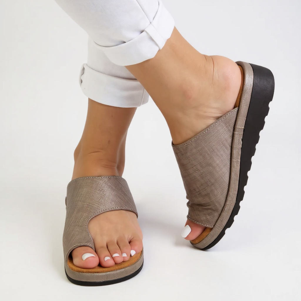 Women's khaki toe-split orthopedic sandals with wide band strap and cushioned sole