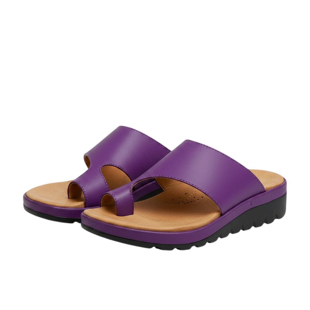 Women's purple toe-split orthopedic sandals with wide strap and chunky tread sole