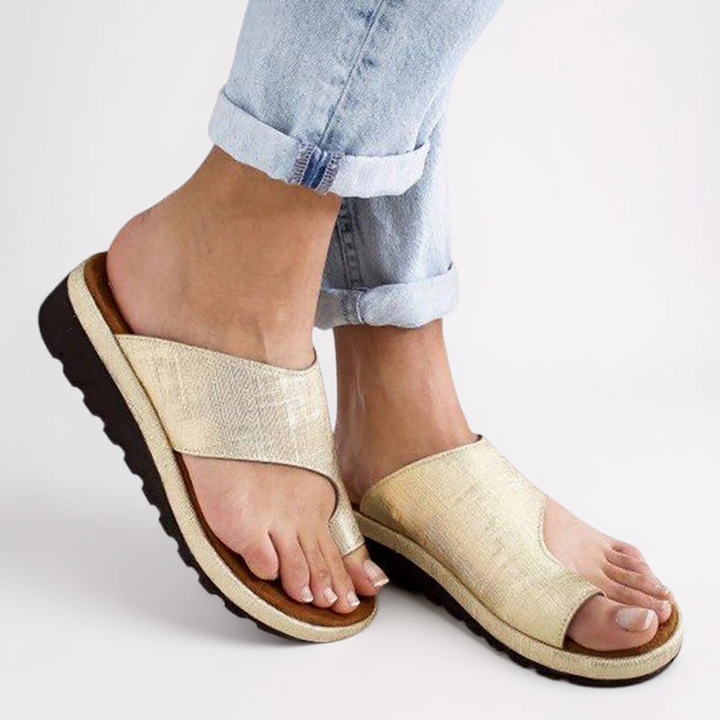 Women's gold toe-split orthopedic sandals with wide band and textured fabric upper