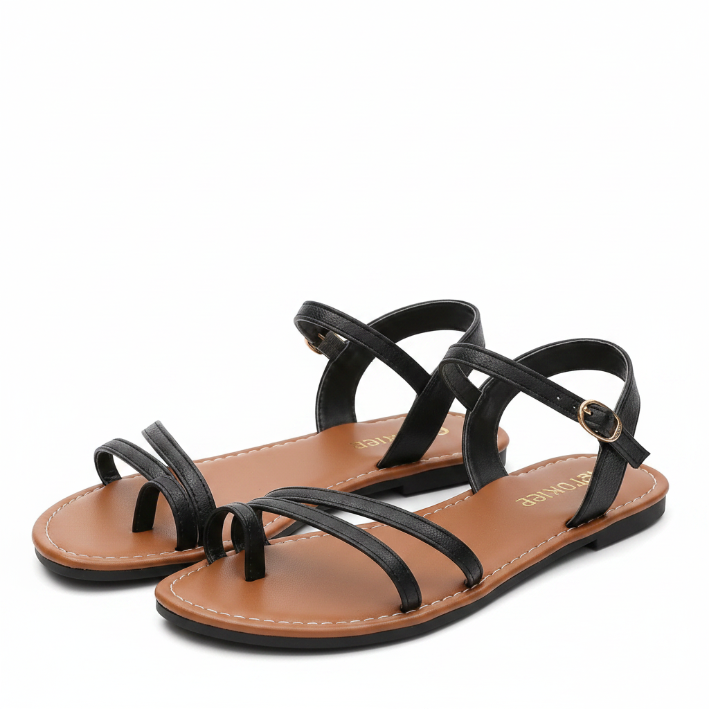 Women’s strappy flat sandals, open toe, black leather with two crisscross straps and buckle.