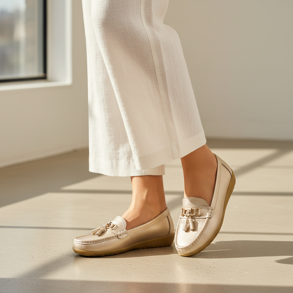 Women’s tassel leather loafer in light beige, slip-on with tassel detail
