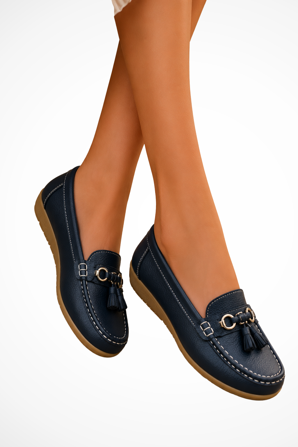 Women’s tassel leather loafer in dark blue, slip-on with metal ring and tassel