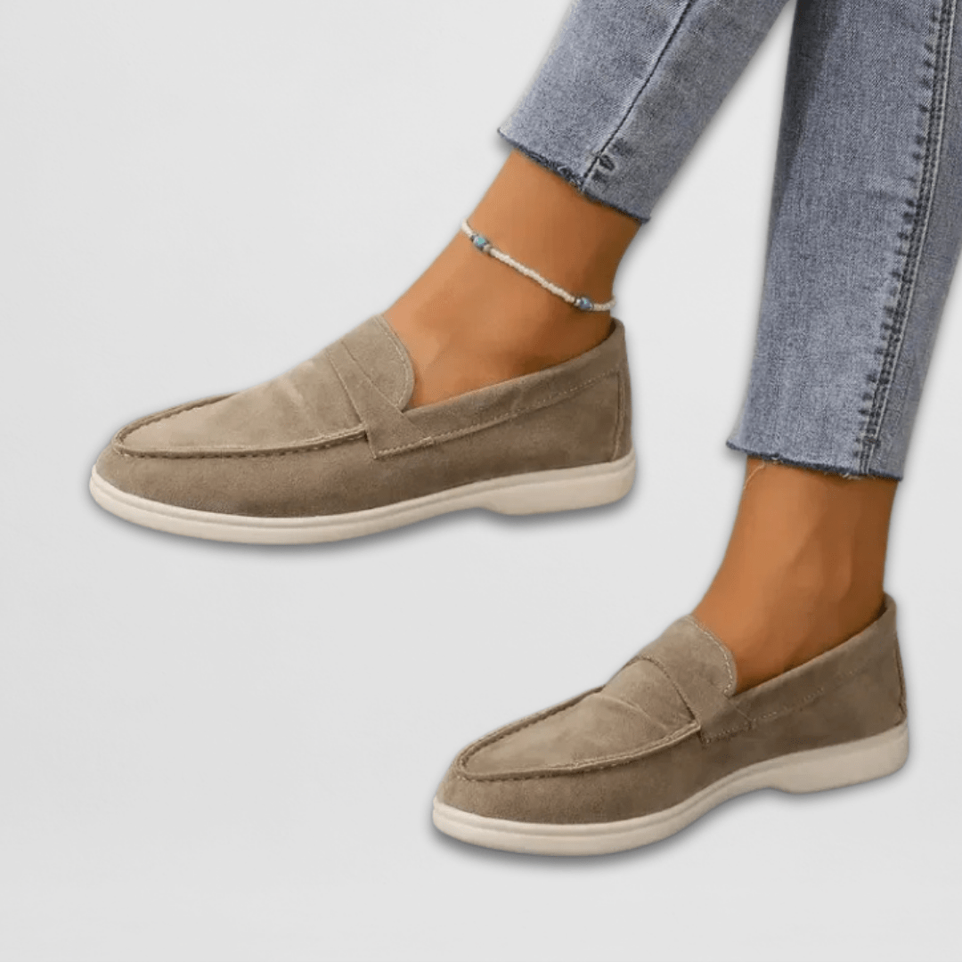Khaki women's suede slip-on loafers with stitched vamp and cushioned sole