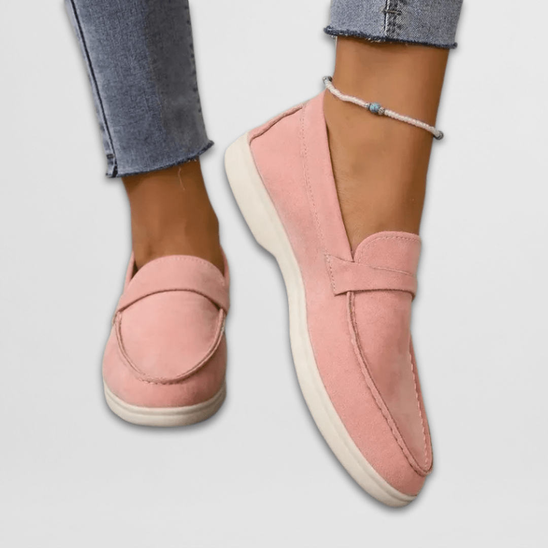 Pink women's suede slip-on loafers with round toe and low-profile sole