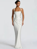 White satin halter maxi dress with square neckline and ruched bodice