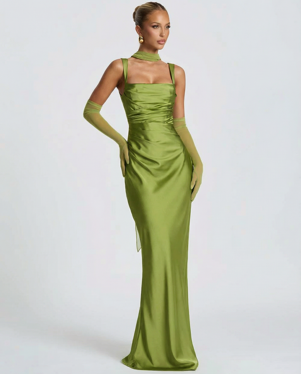 Satin green halter maxi dress with square neckline and long ruched hem
