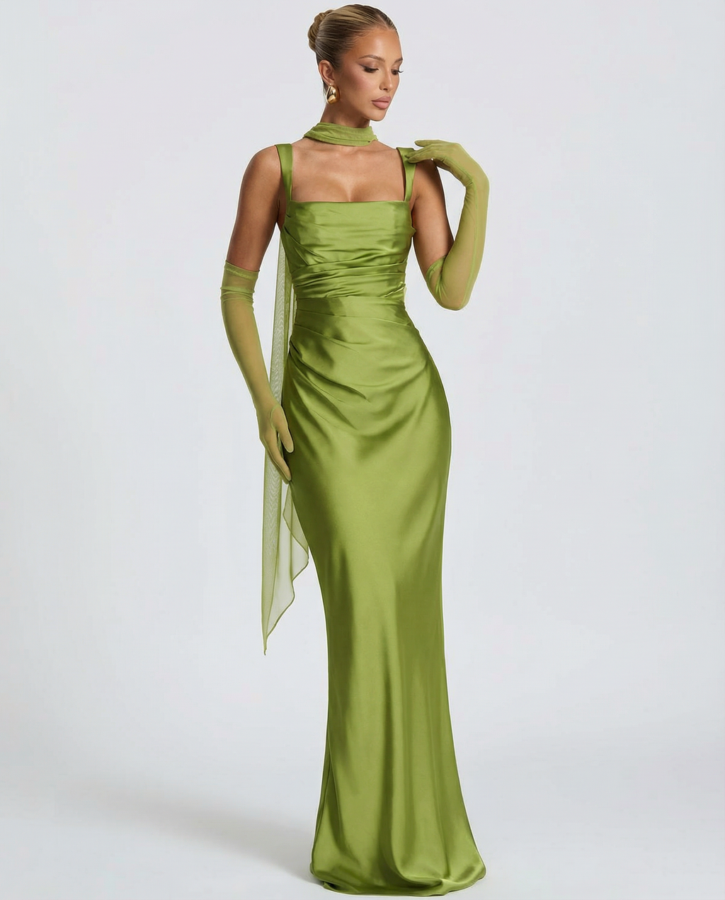 Satin green halter maxi dress with ruched bodice and draped side panel