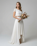 Women's lace wedding dress with short sleeves and asymmetrical high-low hem, white