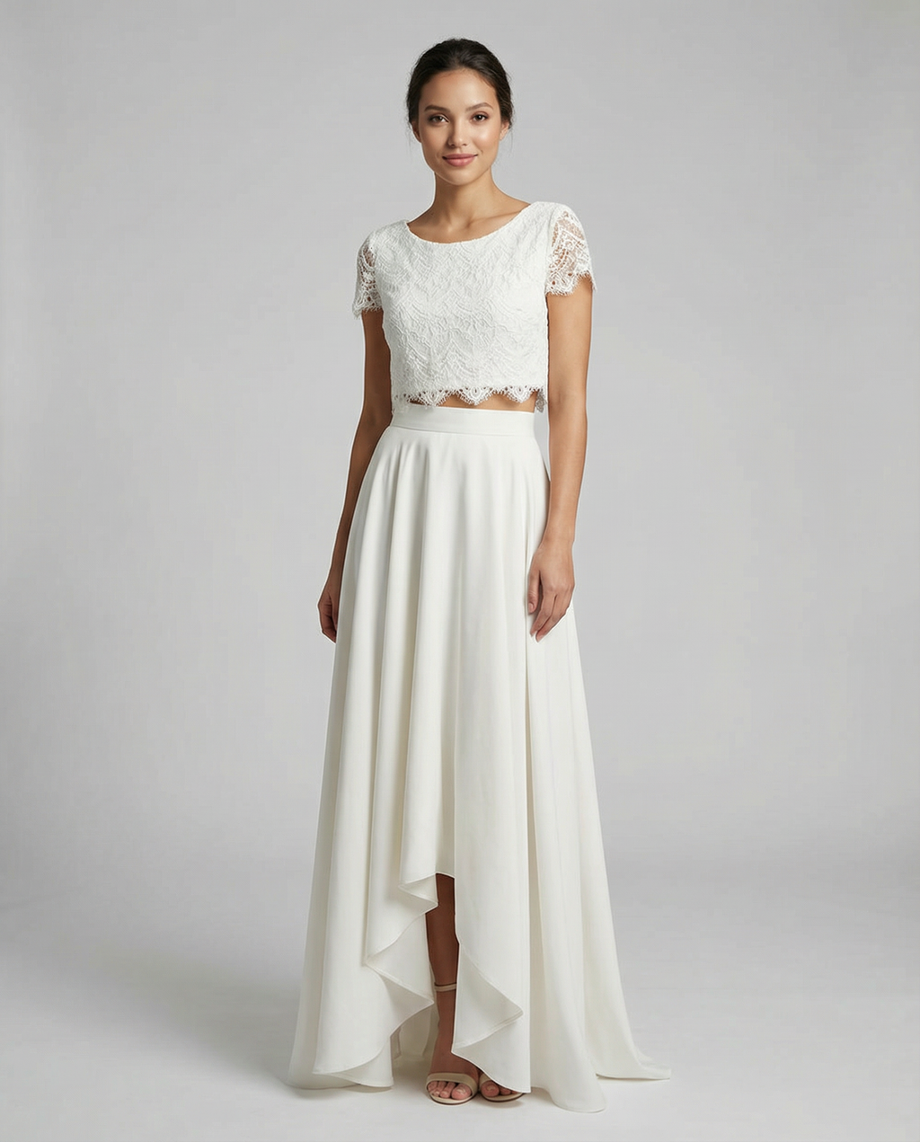Women's lace wedding dress with short lace sleeves, white fitted waist and high-low skirt