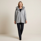 Women's hooded coat with faux fur collar, grey zip-front with pockets