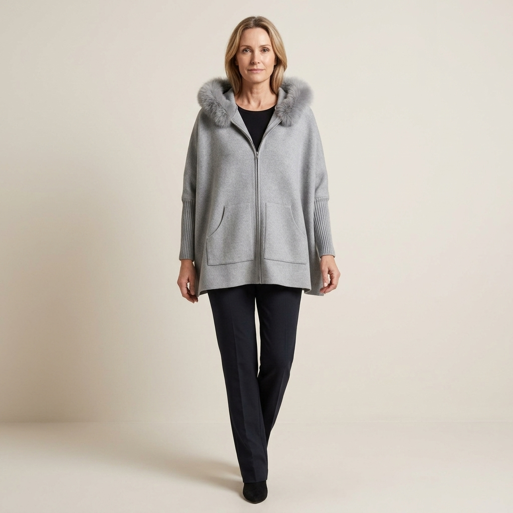 Women's hooded coat with faux fur collar, grey zip-front with pockets